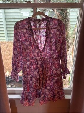 SLV Pink & Purple Floral Ruffle V-Neck Mini Dress/beach cover up